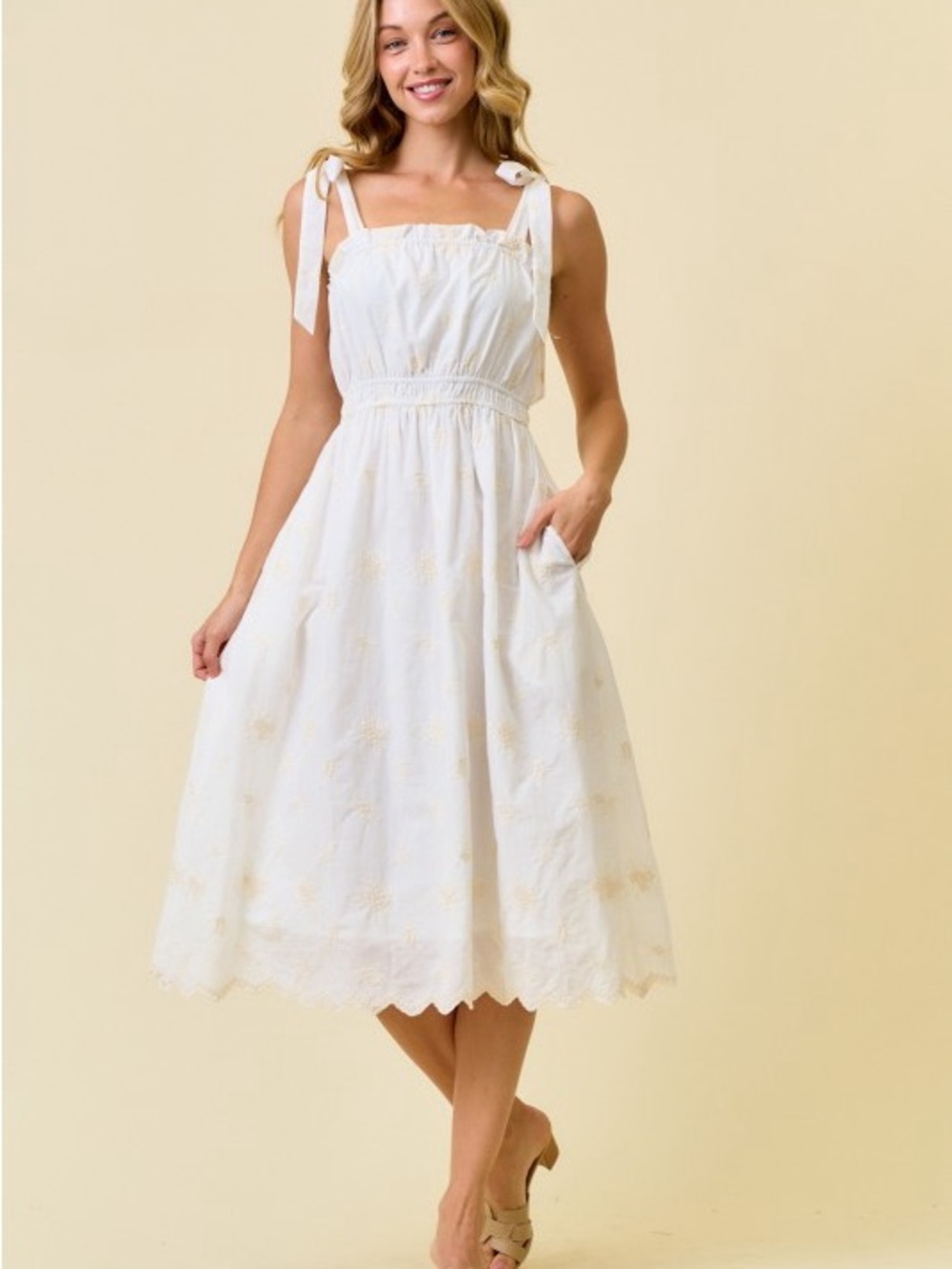 Doe & Rae White Eyelet Tie-Shoulder Midi Dress